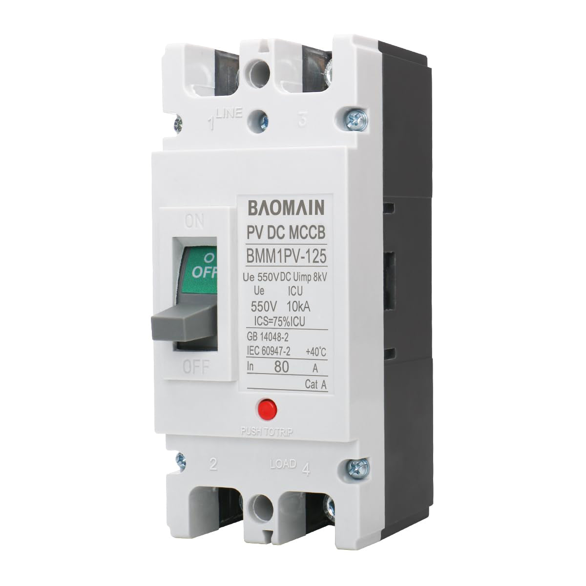 Baomain DC Circuit Breaker for Off-Grid Solar System, 63A/80A/100A/125A 2 Pole DC 550V, Moulded Case IP20 DC MCCB BMM1PV-125