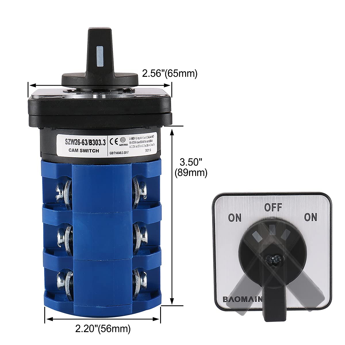 Baomain 63A Momentary Rotary Cam Changeover Selector Switch 660V 3-Pole 3-Position 12 Terminals SZW26-63/B303.3