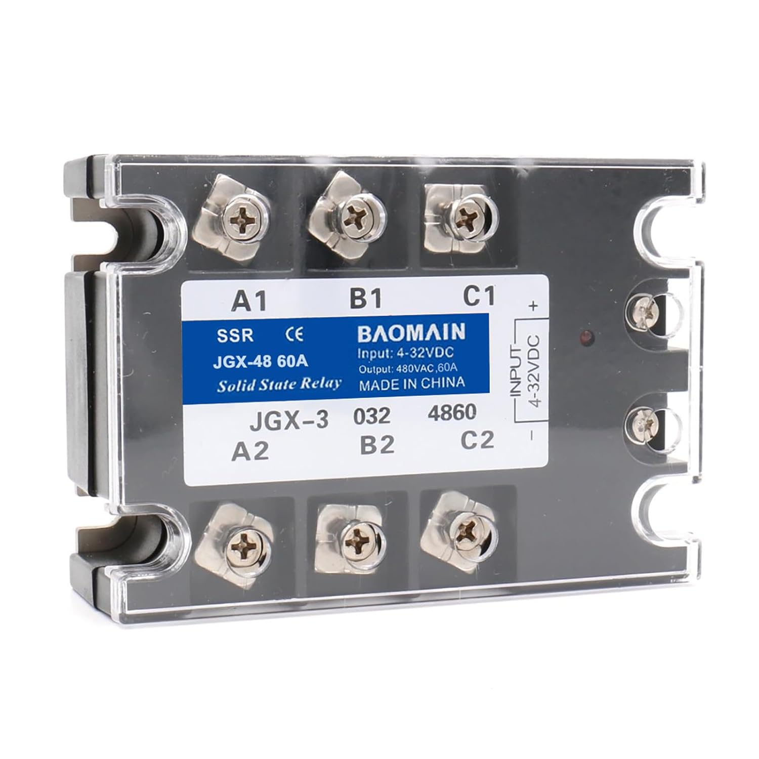 Baomain 60A 3 Phase Solid State Relay JGX-4860 4-32 VDC Input 480VAC 60 Amp Output DC/AC