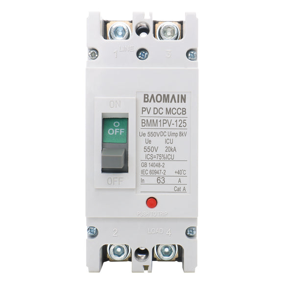 Baomain DC Circuit Breaker for Off-Grid Solar System, 63A/80A/100A/125A 2 Pole DC 550V, Moulded Case IP20 DC MCCB BMM1PV-125