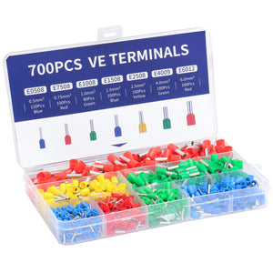 Baomain 700pcs Wire Copper Crimp Connector Kit AWG 22/20/18/16/14/12/10 Assorted Insulated Ferrule Pin Cord End Terminal Set Red Green Blue Yellow