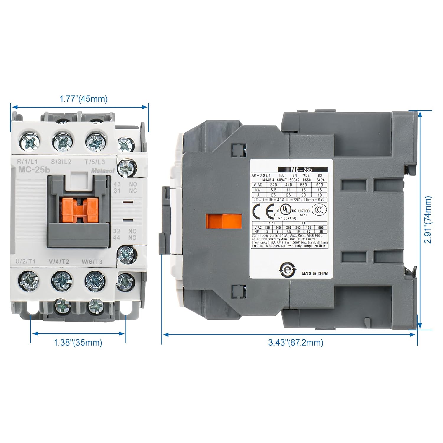 Baomain AC Contactors Industrial Magnetic MC-25b 110VAC/220VAC 50/60Hz 1a1b DIN Rail UL