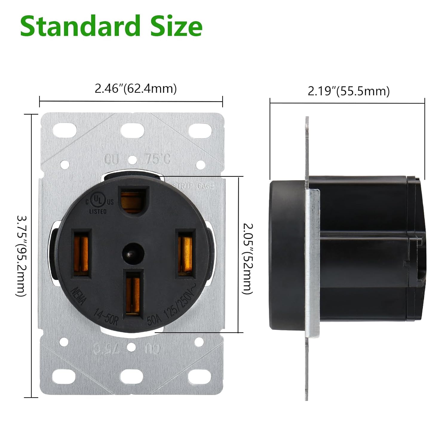 BAOMAIN Unterputz-Steckdose, NEMA 14-50R 50 Ampere 125/250 V RV, EV, Trockner-Industriesteckdose, schwarze Steckdose in Handelsqualität, UL-gelistet, BAS-023 Schwarz