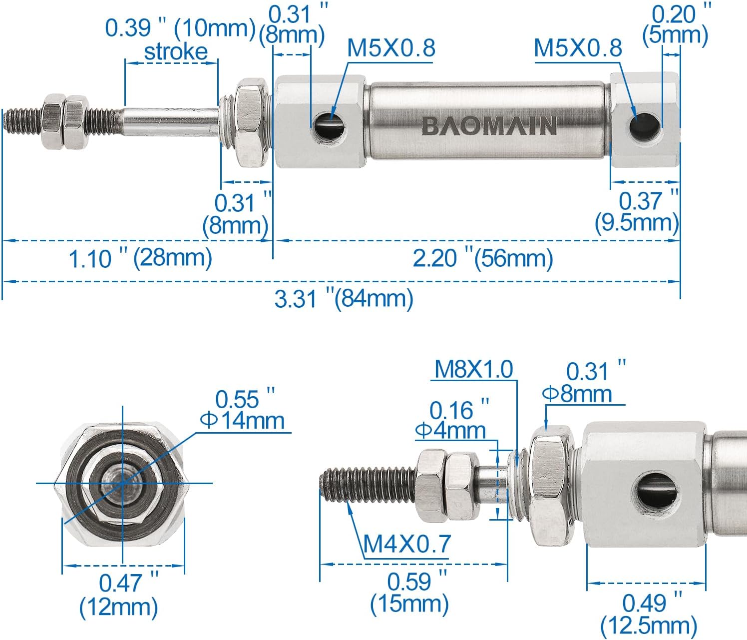 Baomain Pneumatic Air Cylinder CDJ2B10-10-B Bore 0.39 inch(10 mm),Stroke 0.39 inch(10mm),Single Rod Double Acting Stainless Steel Mini Pneumaticm,Industrial Air Cylinder for Automation