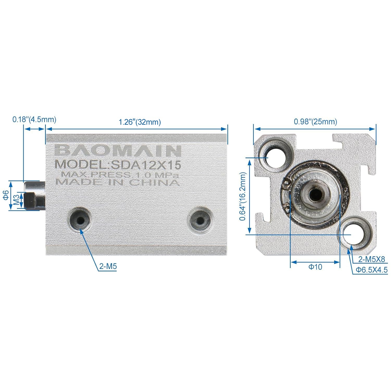 Baomain Kompakter, dünner pneumatischer Luftzylinder der SDA 12-Serie, Bohrung 12 mm, Anschluss M5