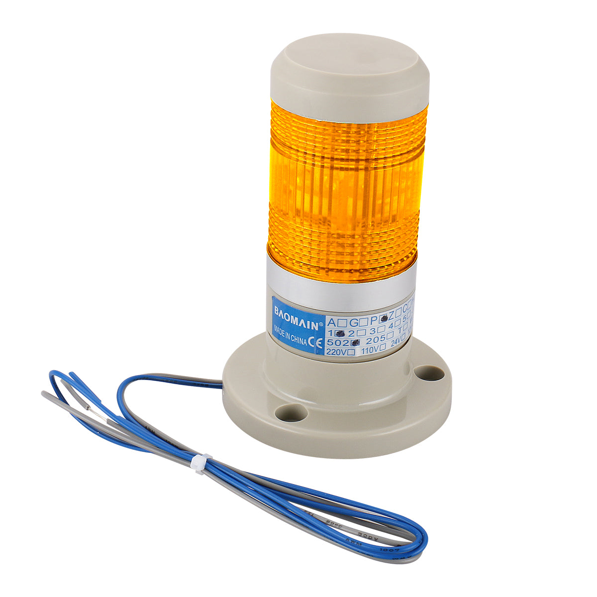 Baomain Warning Continuous Light DC 12V/24V AC 110V/220V Yellow LED Industrial Signal Light Tower Lamp LTP-502T