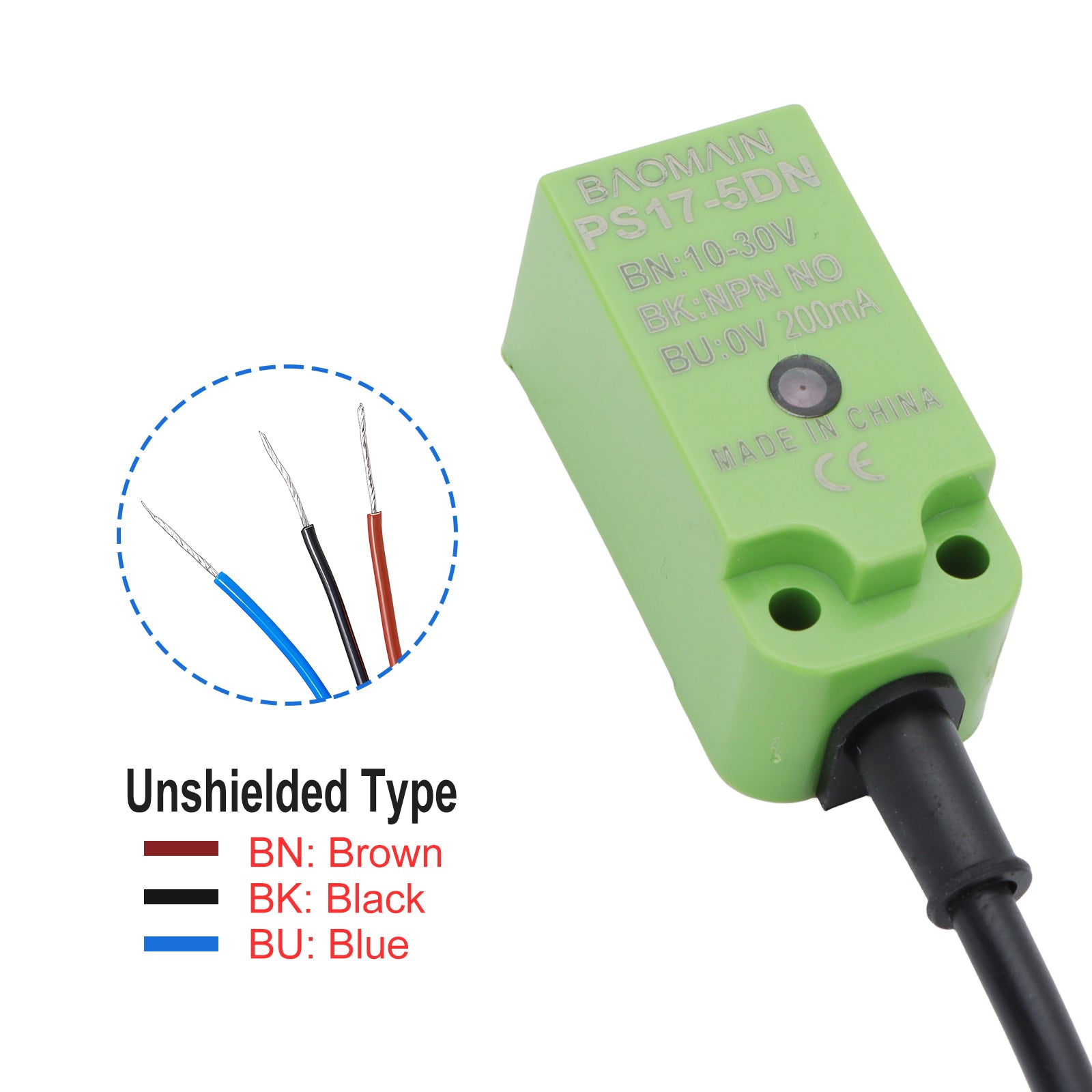 Baomain Square Inductive Proximity Sensor Switch PS17-5DN NPN NO DC 10-30V, 5mm Detecting Distance 3 wire