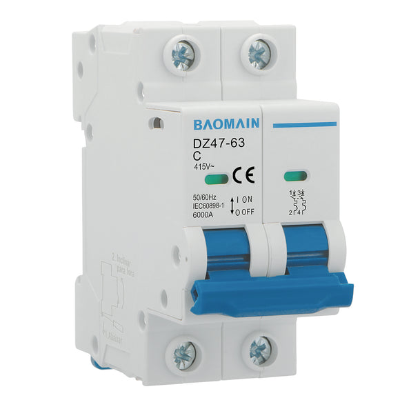 Baomain Miniature Circuit Breaker 2 Pole DZ47-63 C20 AC 415V 20Amp 6000A, DIN Rail Mounting MCB 2P