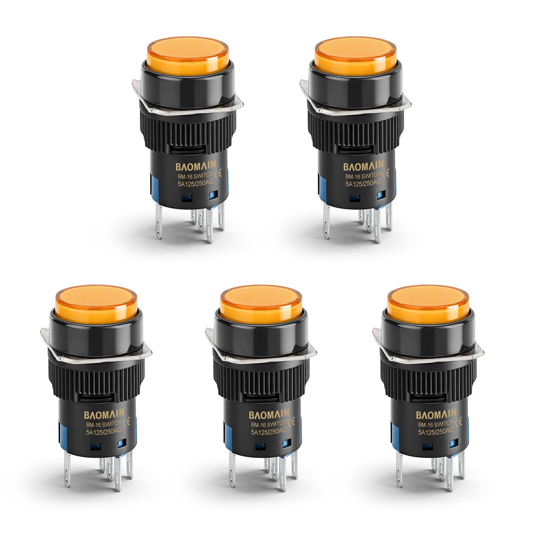 Baomain 16mm Orange Latching/Maintained Push Button Switch Round Cap 12V/24V/110V/220V Orange LED Lamp SPDT 5 Pin Pack of 5