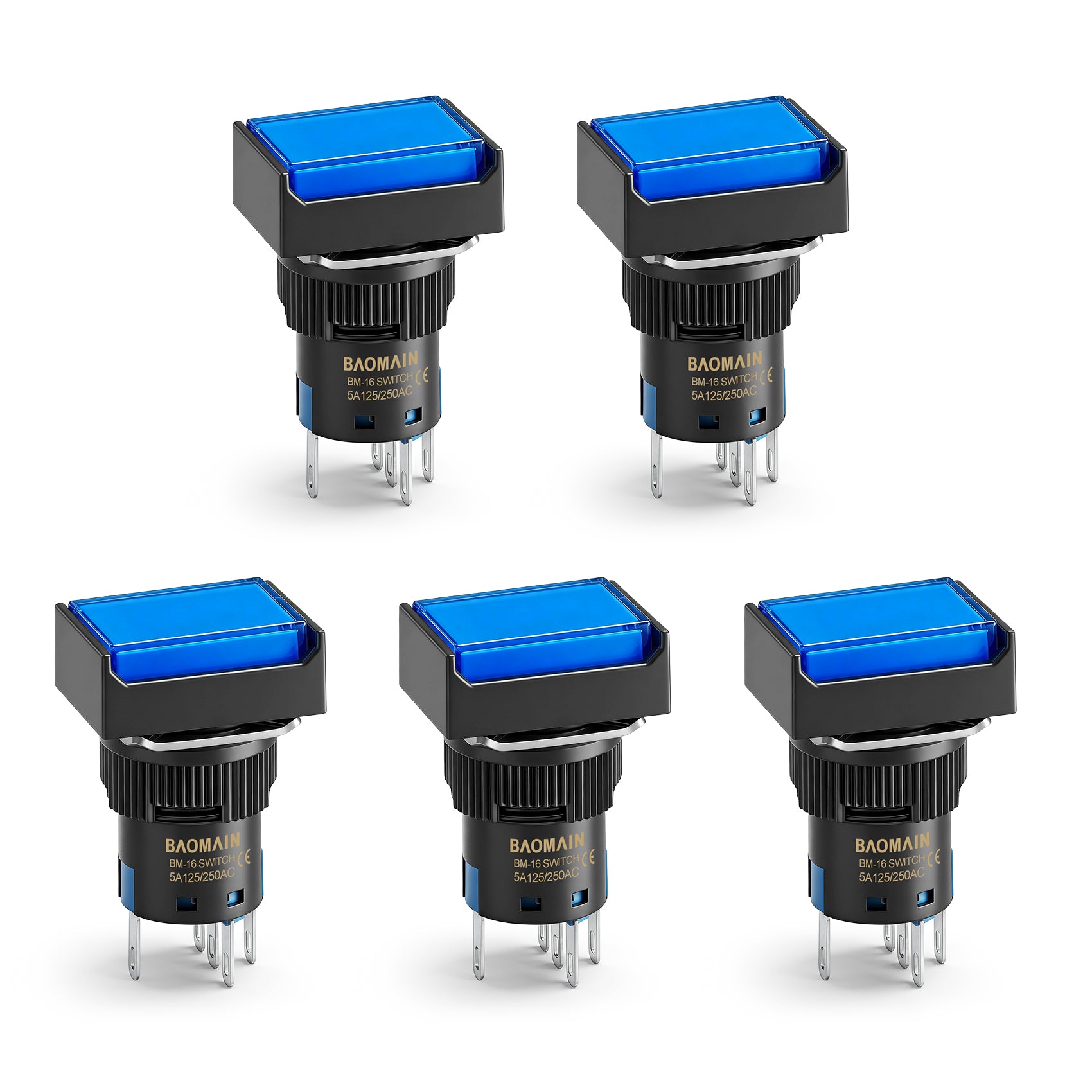 Baomain 16mm Blue Momentary Push Button Switch Rectangular Cap 12V/24V/110V/220V Blue LED Lamp SPDT 5 Pin Pack of 5