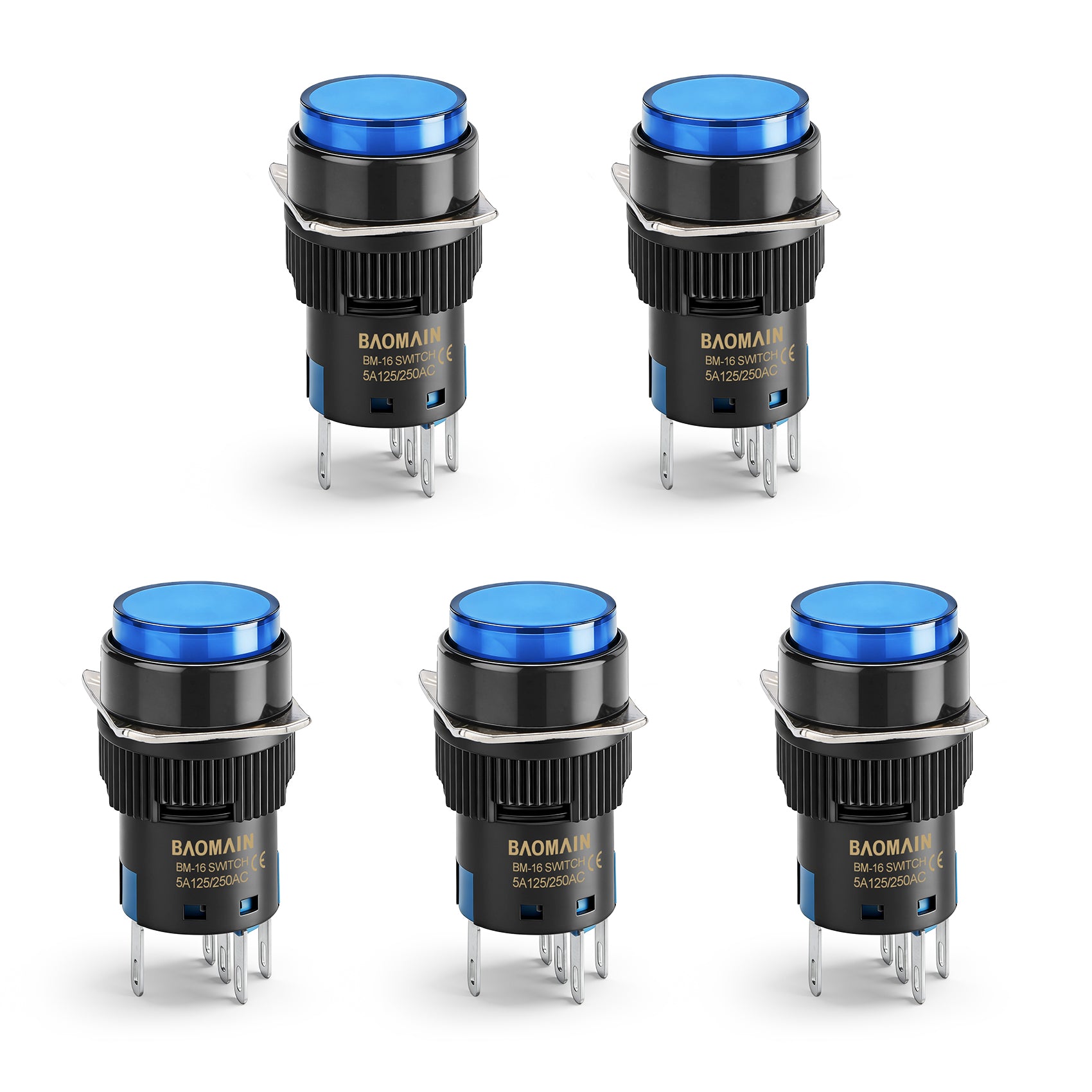 Baomain 16mm Round Momentary Blue Push Button Switch 12V/24V/110V/220V Blue LED Lamp SPDT 5 Pin Pack of 5