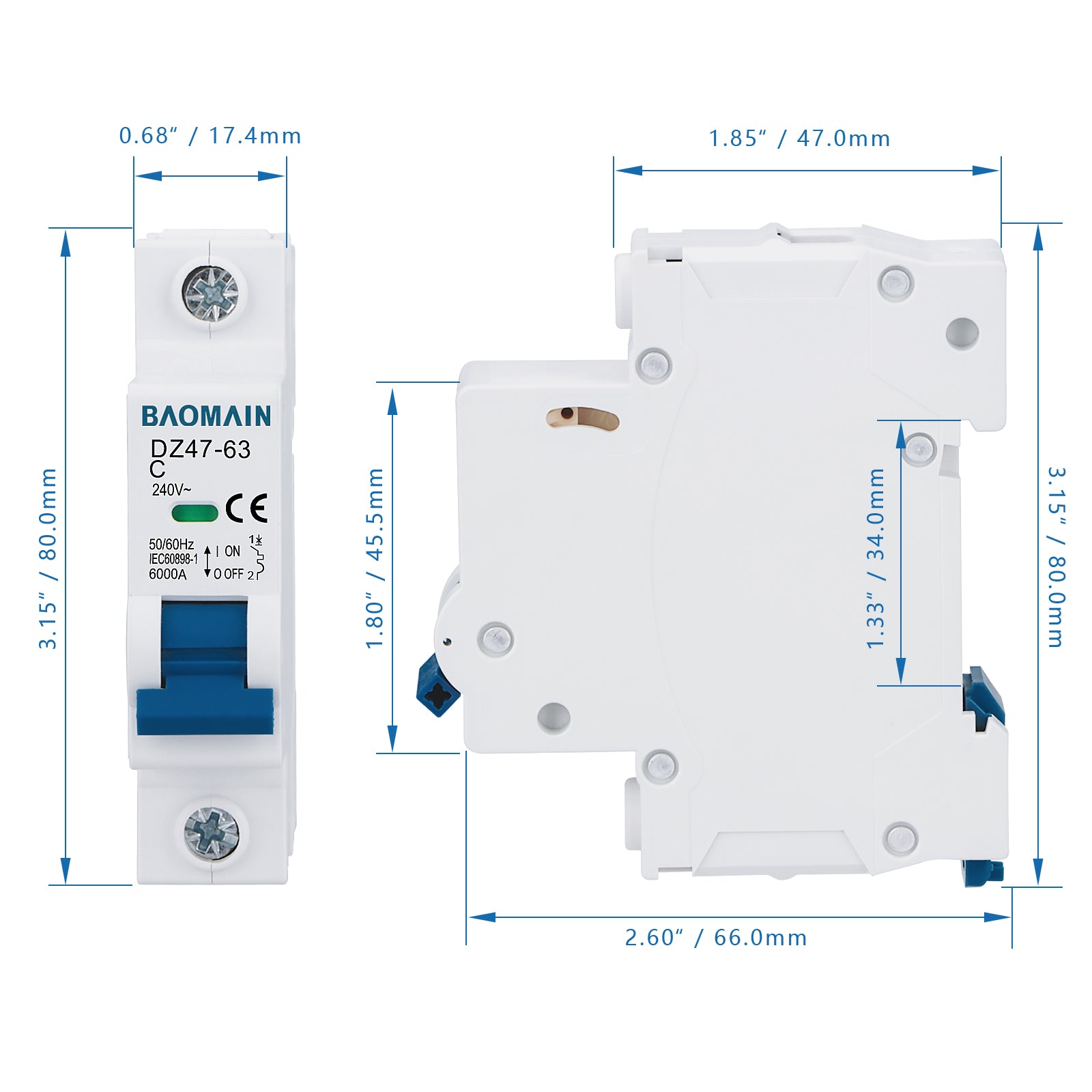 Baomain DZ47-63 1 Pole Miniature Circuit Breaker AC 230V 400V C6/C10/C16/C20/C25A/C32/C40/C50/C63 MCB DIN Rail Mounting MCB Work for Motor Protection and Air Compressor