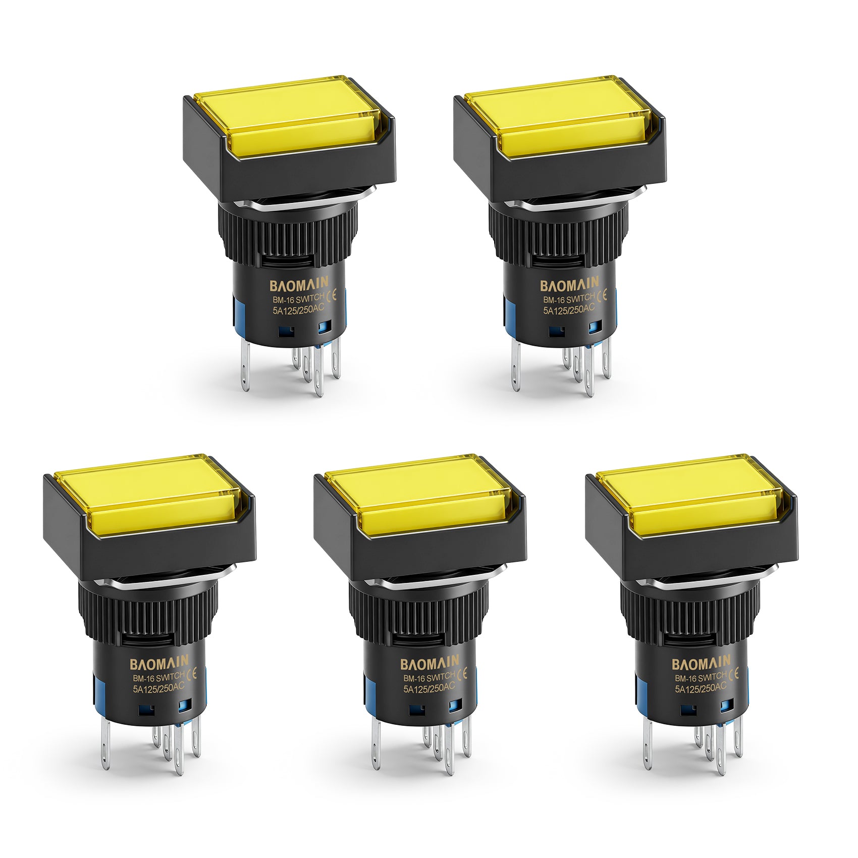 Baomain 16mm Yellow Momentary Push Button Switch Rectangular Cap Yellow LED Lamp SPDT 5 Pin Pack of 5