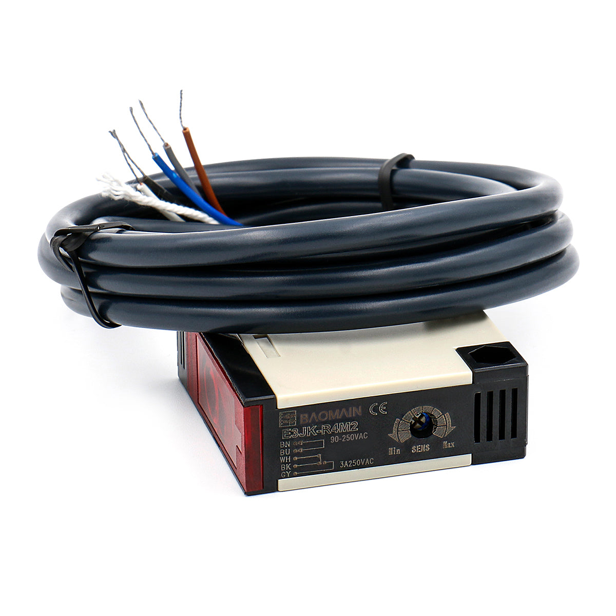 Baomain Lichtschrankensensor E3JK-R4M2 AC 90-250 V Retroreflektierender Lichtschrankenschalter Näherungsschalter Erfassungsabstand 4 m Innenwandmontage 1,5 m Kabel