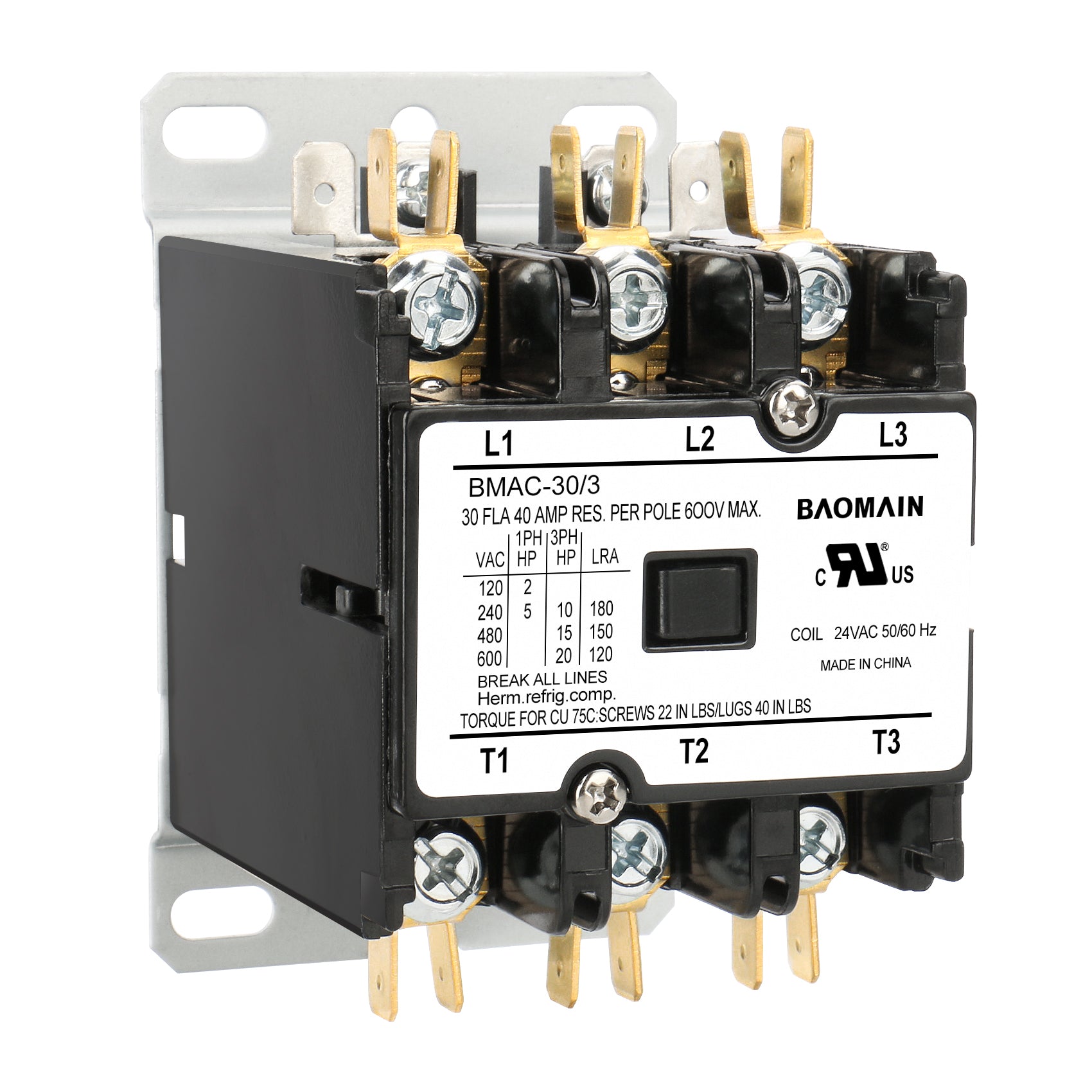 Baomain HVAC AC-Schütz, BMAC-30/3 AC 24 V Spule 30 A 3-poliger Hochleistungs-Kondensatorkompressor-Schütz für Klimaanlagen, Ersatz für HVAC-Schütze