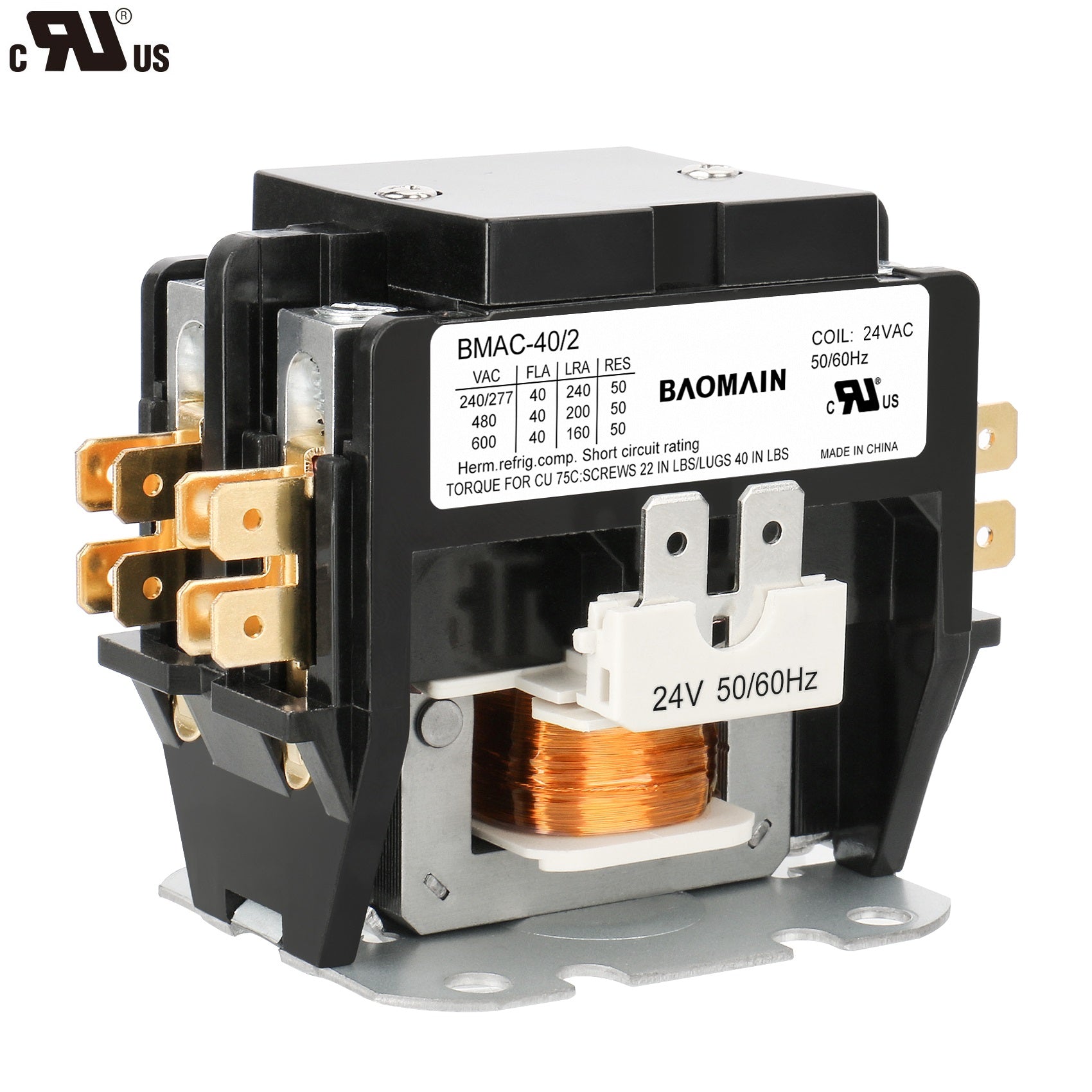 Baomain HVAC AC Contactor, BMAC-40/2 AC 24V Coil 40A 2 Pole Heavy Duty Air Conditioner Condenser Compressor Contactor, HVAC Contactors Replacement