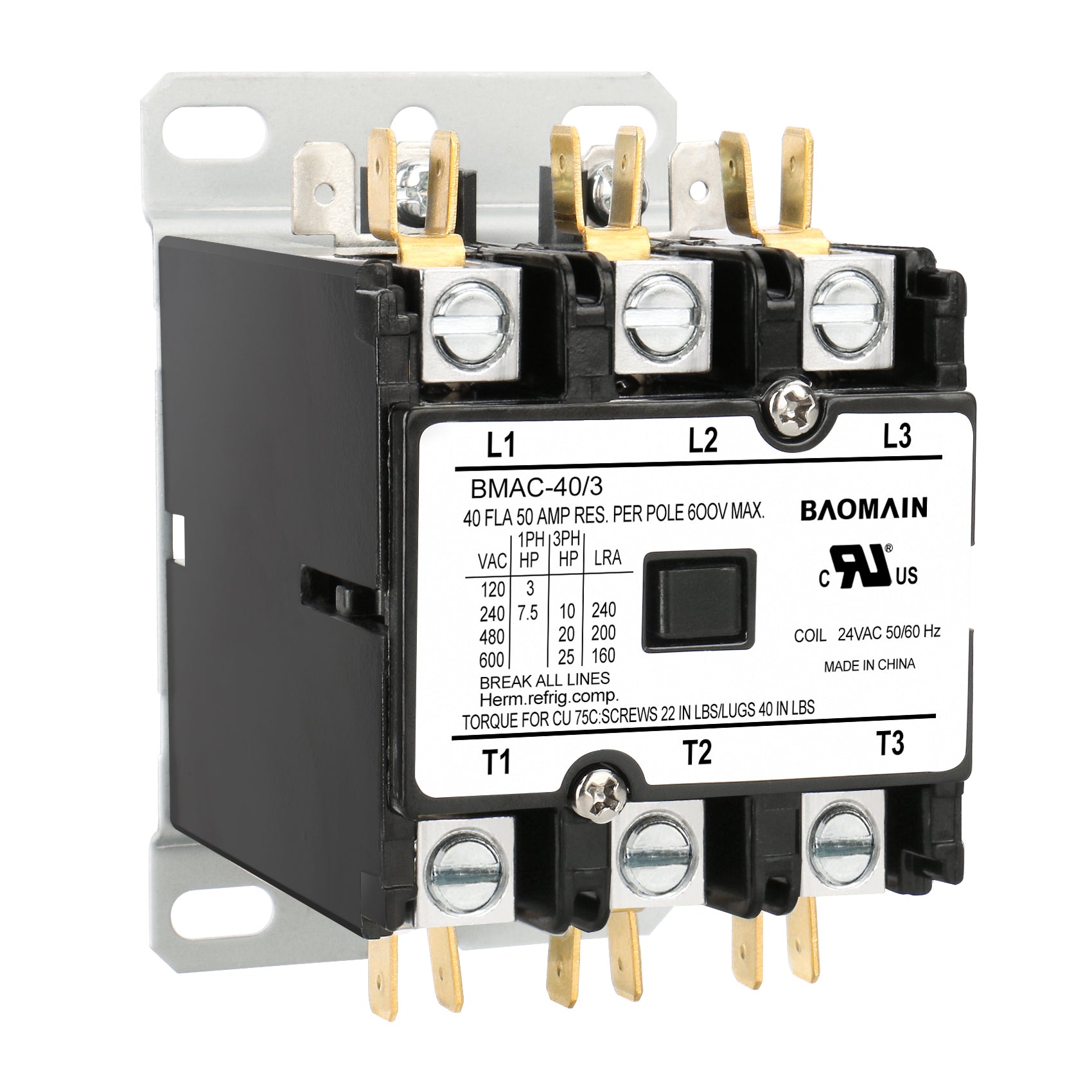 Baomain HVAC AC-Schütz, BMAC-40/3 AC 24 V Spule 40 A 3-poliger Hochleistungs-Kondensatorkompressor-Schütz für Klimaanlagen, Ersatz für HVAC-Schütze 