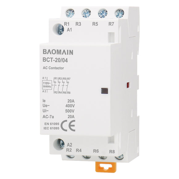 Baomain AC Contactor 20A 4 Pole Universal Circuit Control 35mm DIN Rail Mount CE Listed BCT-20-4P