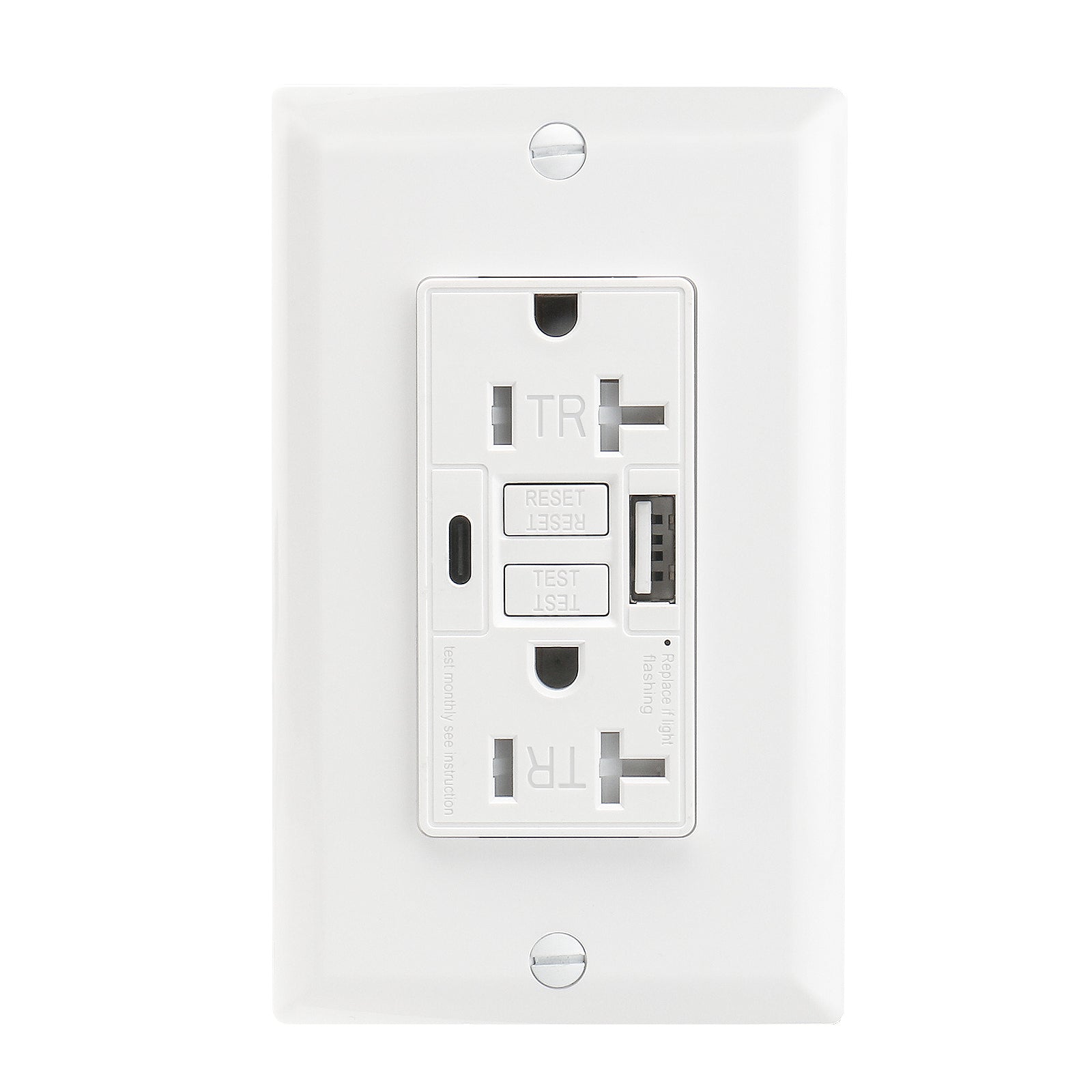 BAOMAIN Self-Test GFCI Combination with A+C type USB in-Wall, 20A 4.8A 5VDC Tamper Resistant(TR) LED Indicator Outlet,White Wall Plate Included BCG-004U