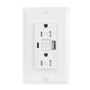 BAOMAIN Self-Test GFCI Combination with A+C type USB in-Wall, 15A 4.8A 5VDC Tamper Resistant(TR) LED Indicator Outlet,White Wall Plate Included BCG-003U