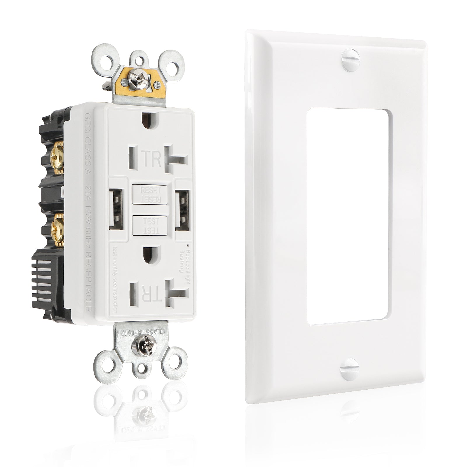 BAOMAIN Self-Test GFCI Combination with A+A type USB in-Wall, 20A 4.8A 5VDC Tamper Resistant(TR) LED Indicator Outlet,White Wall Plate Included BCG-002U
