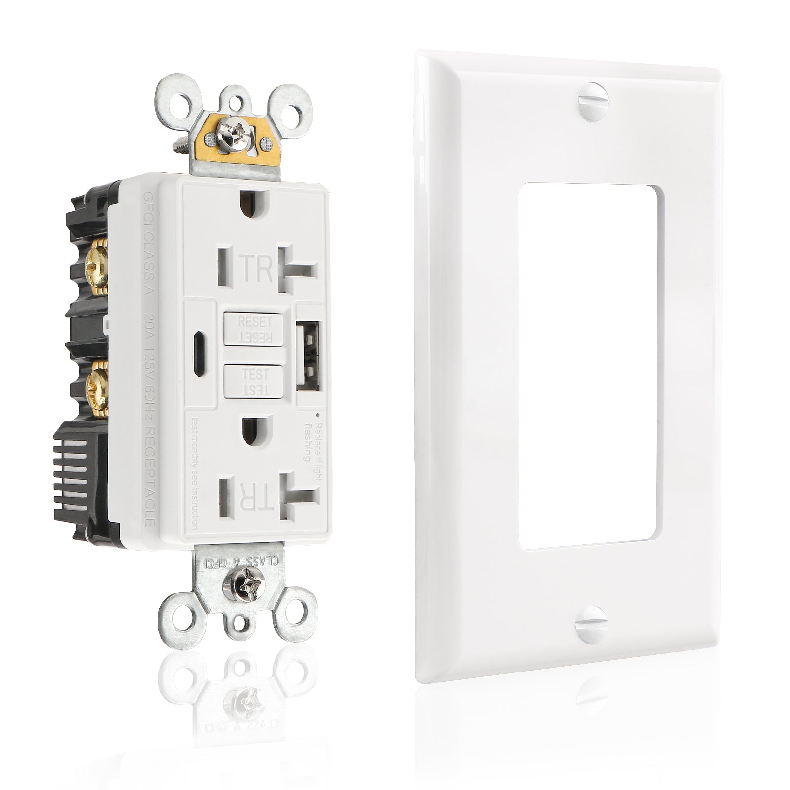 BAOMAIN Self-Test GFCI Combination with A+C type USB in-Wall, 20A 4.8A 5VDC Tamper Resistant(TR) LED Indicator Outlet,White Wall Plate Included BCG-004U