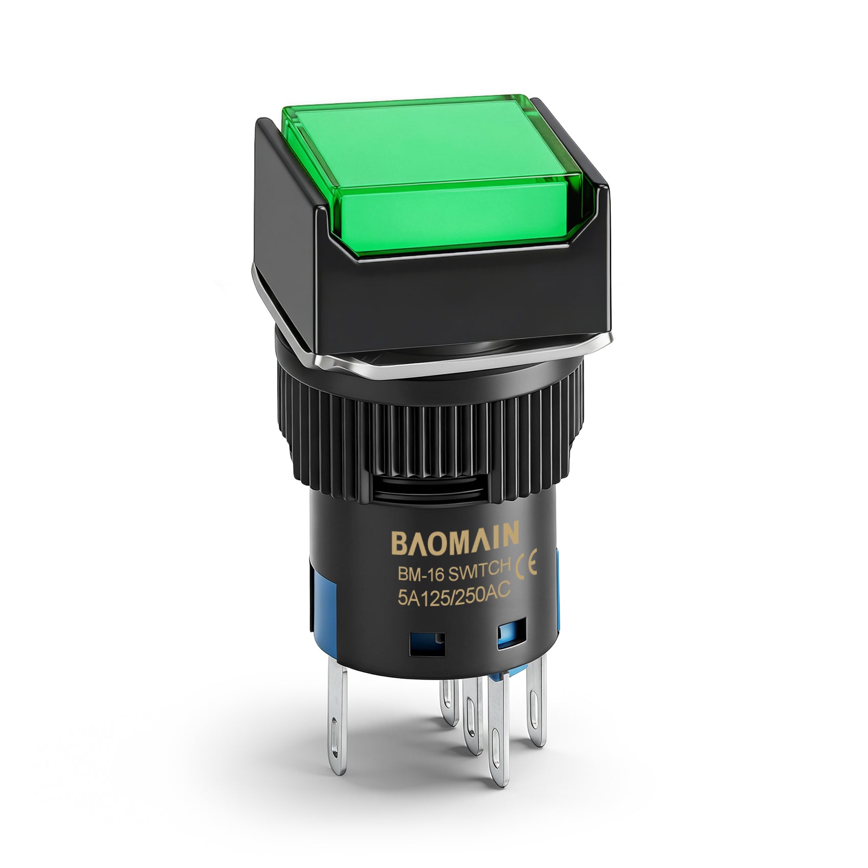 Baomain 16mm Momentary Push Button Switch Square Cap Green LED Lamp 5V/12V/24V/110V/220V SPDT 5 Pin