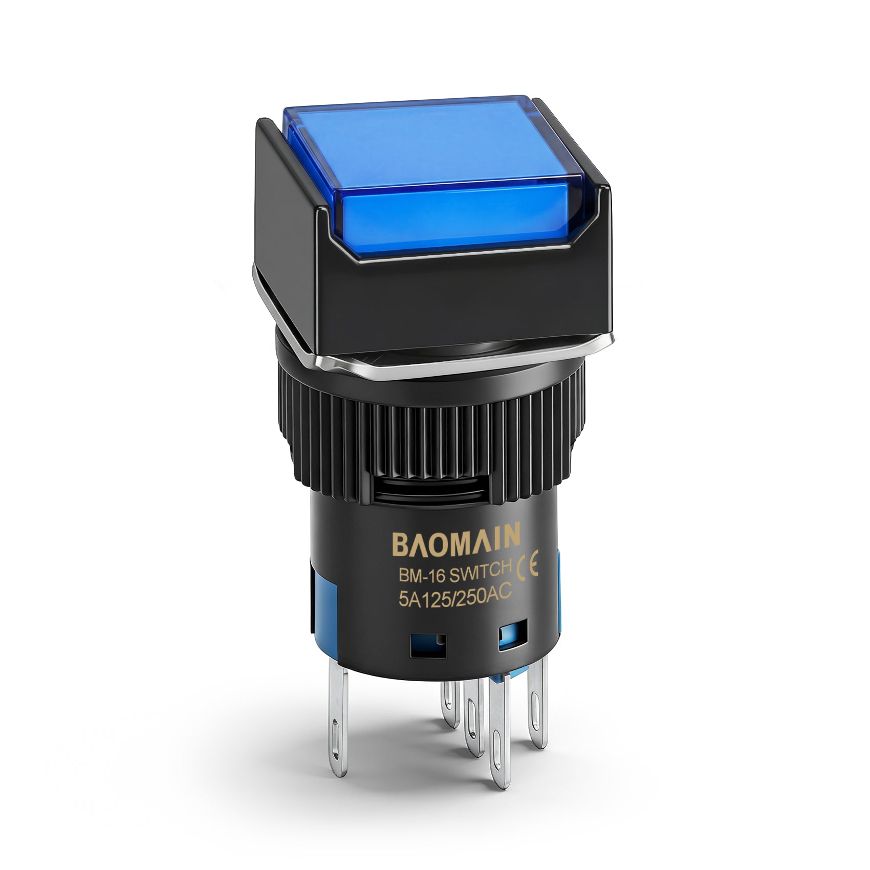 Baomain 16mm Latching Push Button Switch Square Cap Blue LED Lamp 12V/24V/110V/220V SPDT 5 Pin Pack of 5