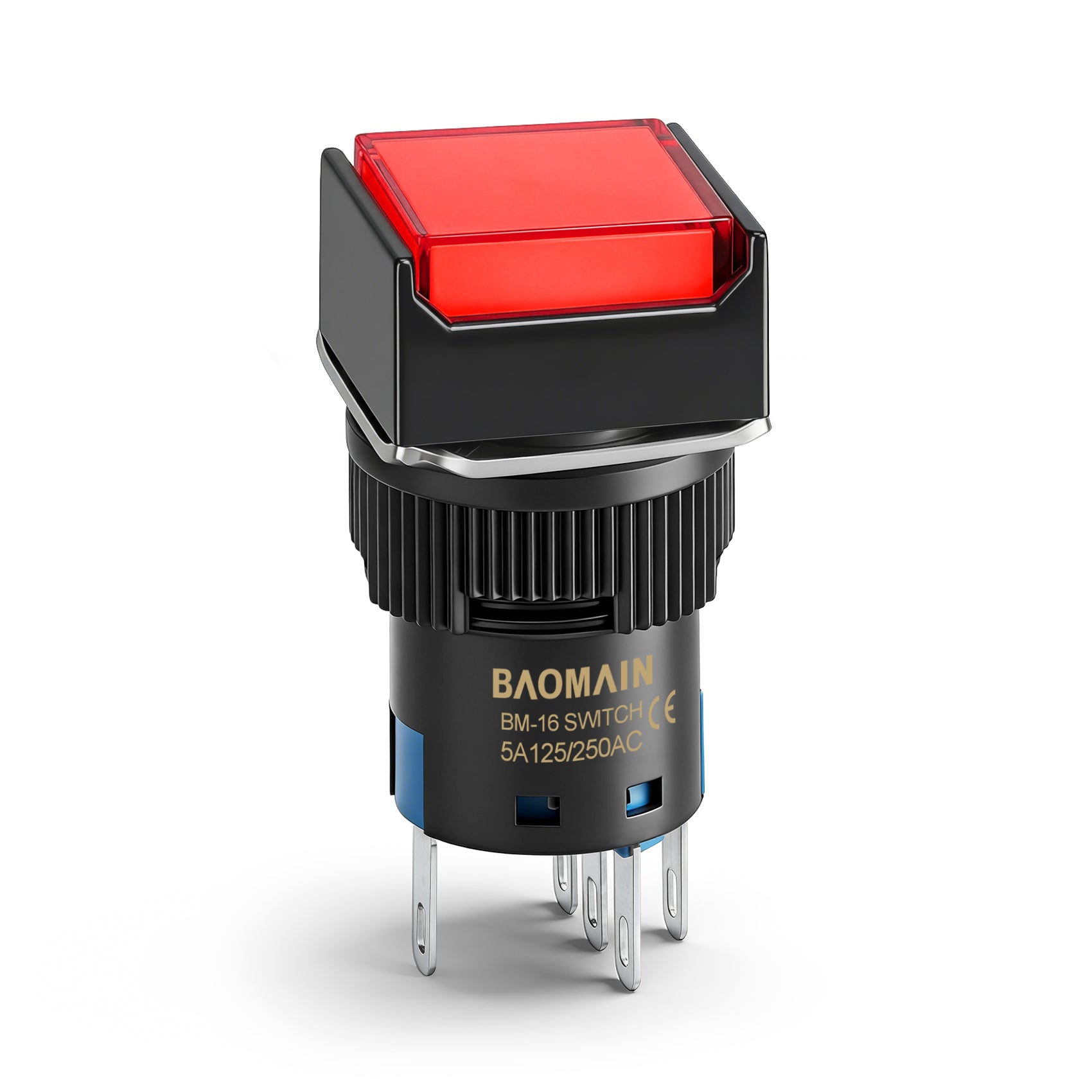 Baomain 16mm Momentary Push Button Switch Square Cap Red LED Lamp 5V/12V/24V/110V/220V SPDT 5 Pin Pack of 5