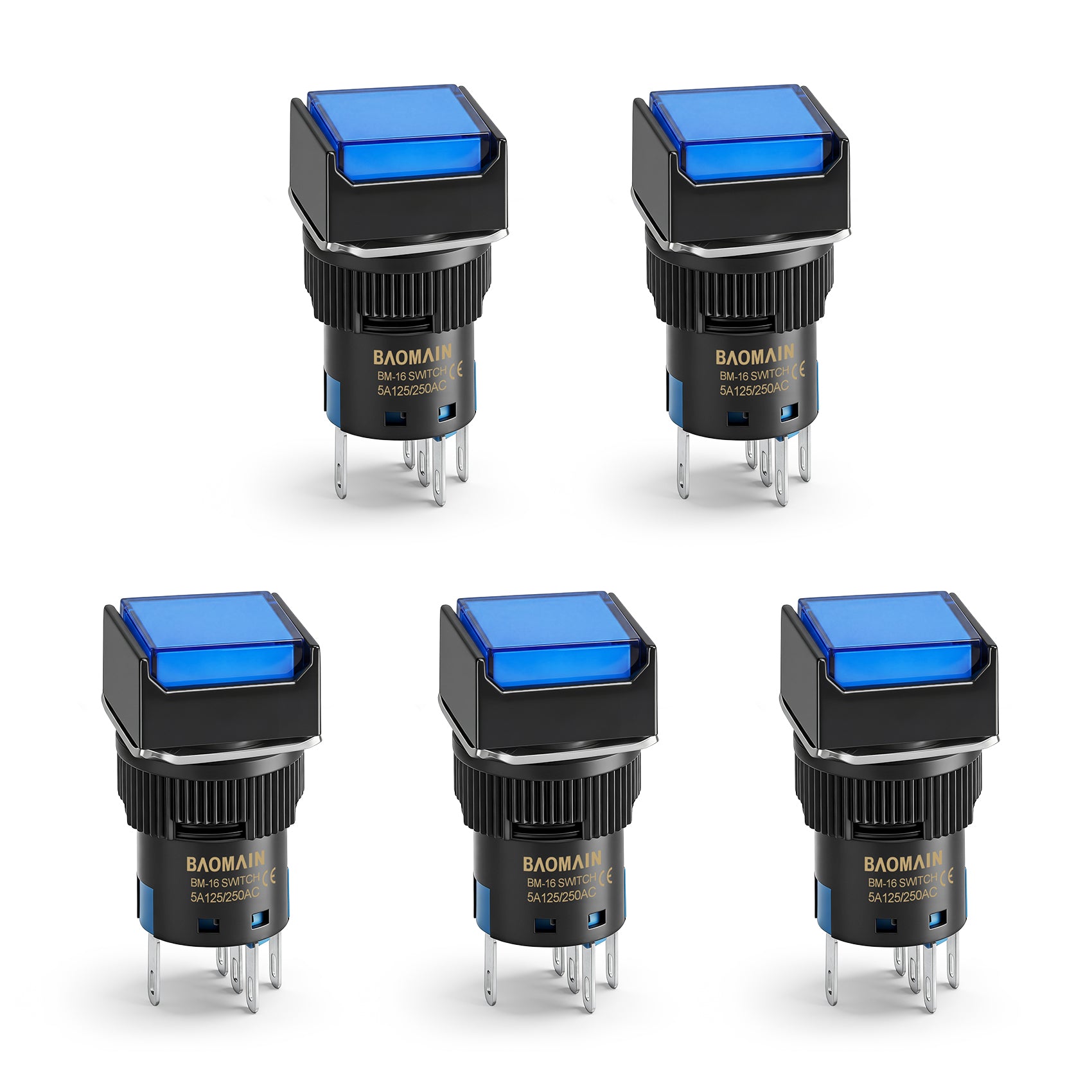 Baomain 16mm Latching Push Button Switch Square Cap Blue LED Lamp 12V/24V/110V/220V SPDT 5 Pin Pack of 5