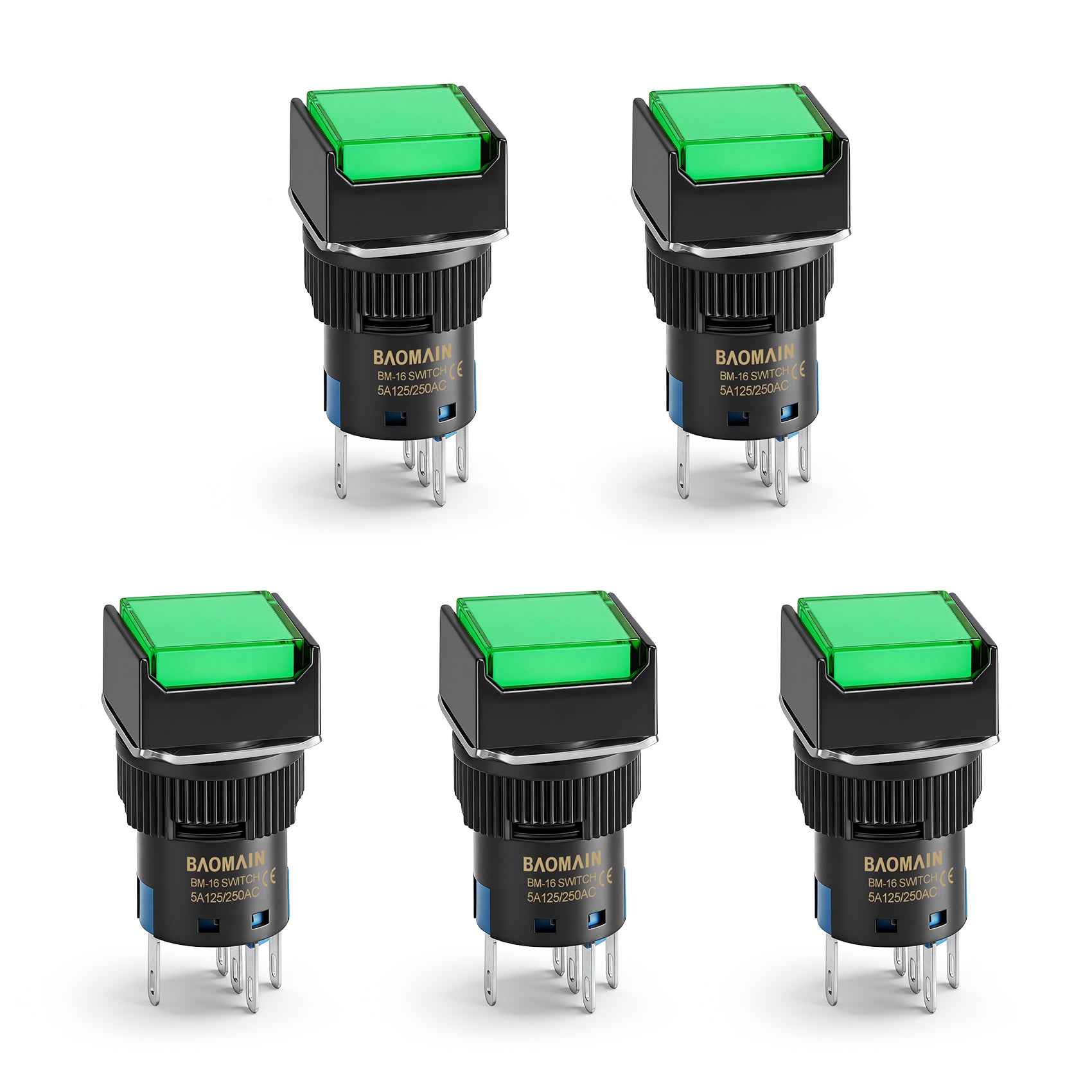 Baomain 16mm Momentary Push Button Switch Square Cap Green LED Lamp 5V/12V/24V/110V/220V SPDT 5 Pin
