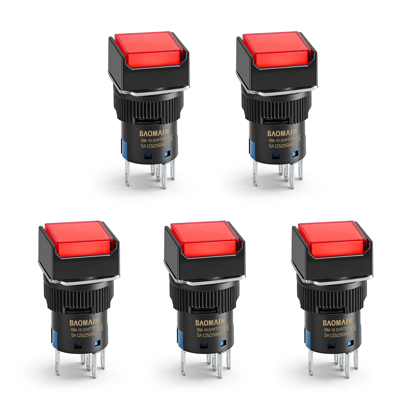 Baomain 16mm Momentary Push Button Switch Square Cap Red LED Lamp 5V/12V/24V/110V/220V SPDT 5 Pin Pack of 5
