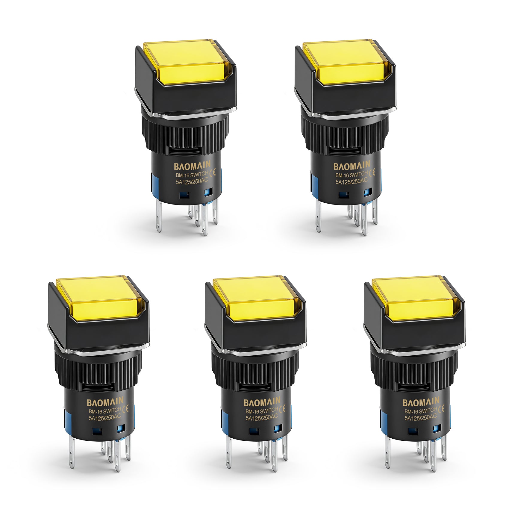 Baomain 16mm Momentary Push Button Switch Square Cap Yellow LED Lamp 12V/24V/110V/220V SPDT 5 Pin Pack of 5