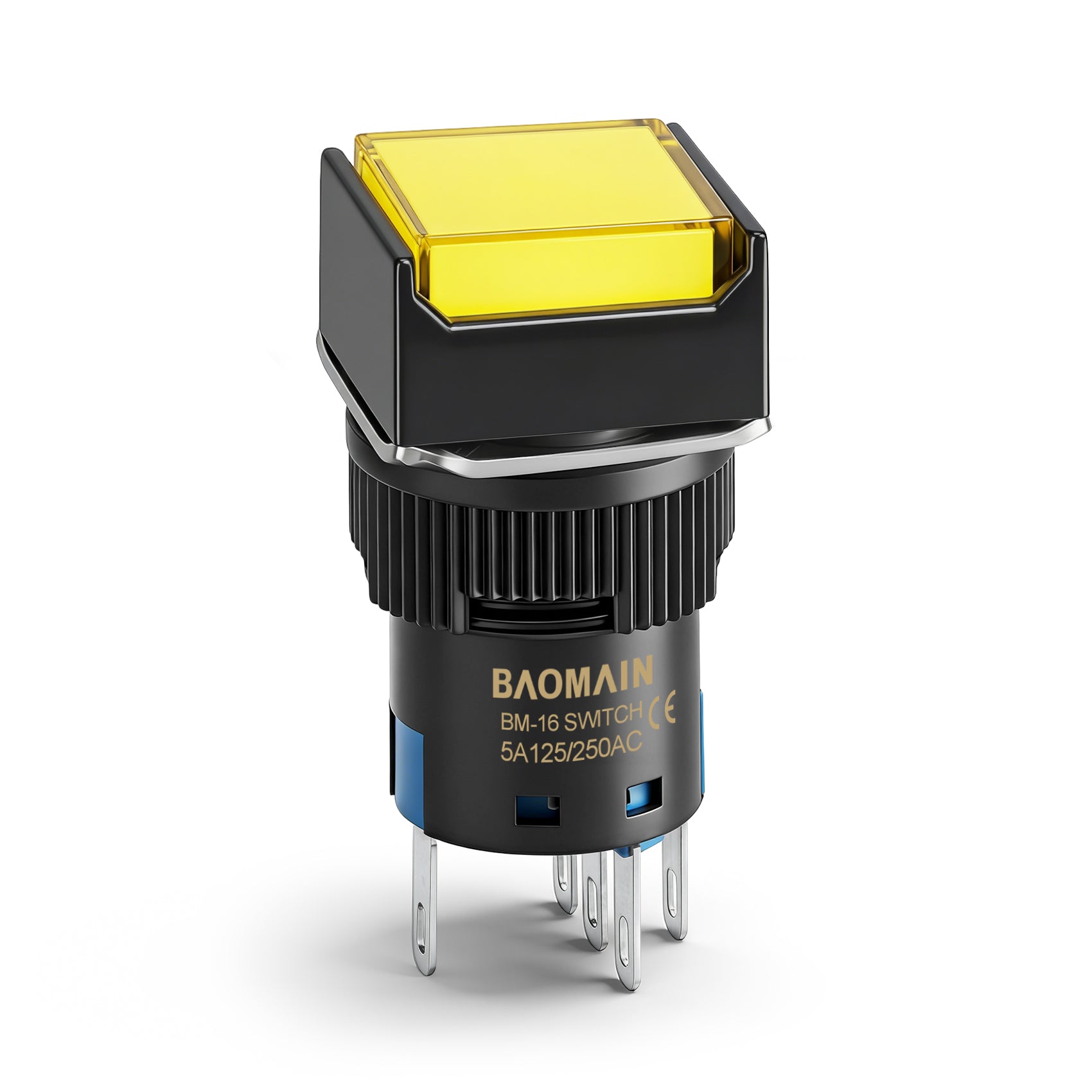 Baomain 16mm Latching Push Button Switch Square Cap Yellow LED Lamp 12V/24V/110V/220V SPDT 5 Pin Pack of 5