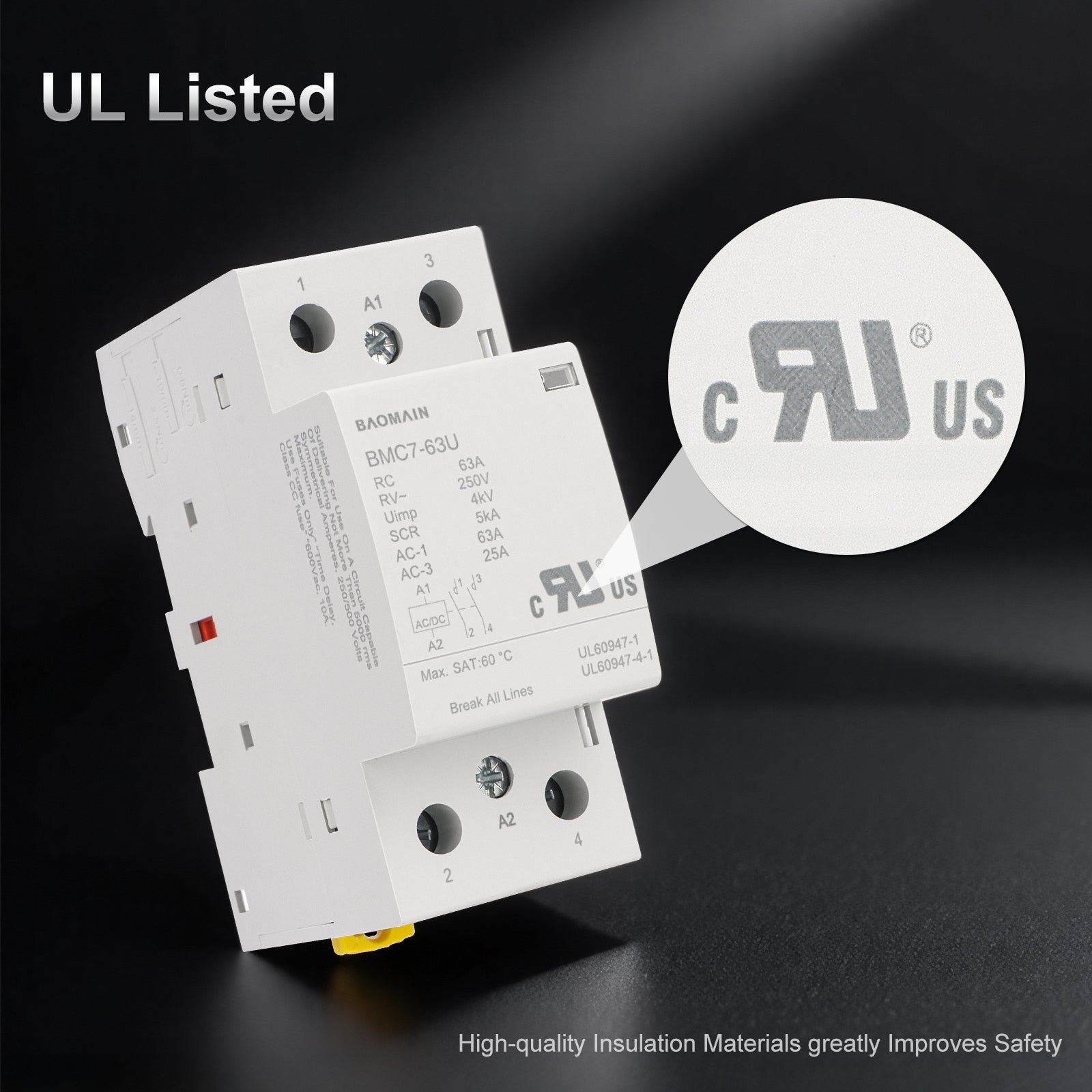 Baomain 2NO AC/DC Household Contactors, 63A 2P Modular Contactor, 2 Poles Normally Open, DIN Rail Mount, UL Listed (BMC7-63U)