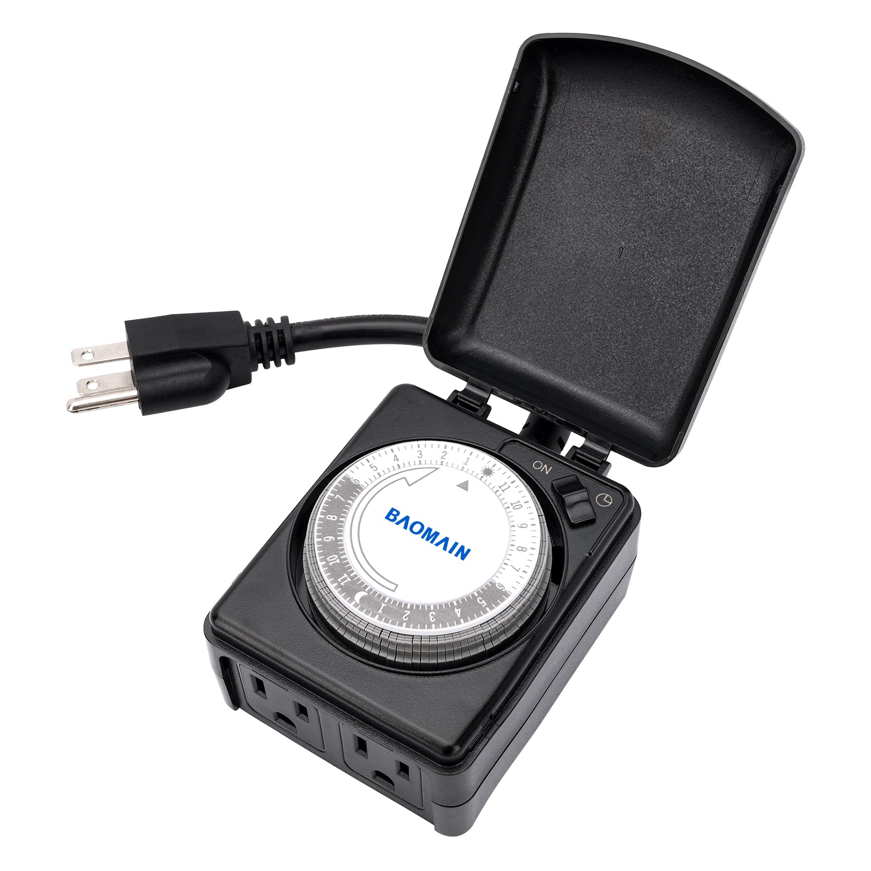 Baomain Mechanischer 24-Stunden-Timer, 15 A 125 VAC EIN/Aus-Timer für den Außenbereich mit zwei geerdeten Steckdosen, 15-Minuten-Intervalle, ETL-gelistet