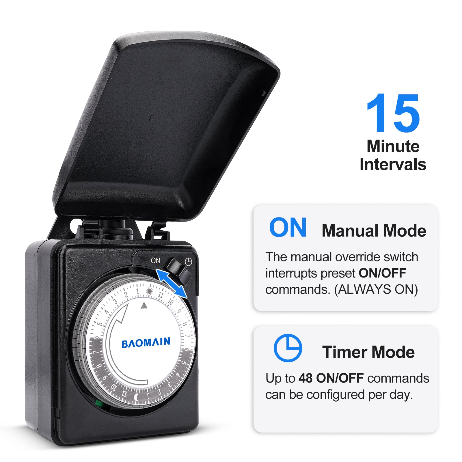 Baomain Mechanischer 24-Stunden-Timer, 15 A 125 VAC EIN/Aus-Timer für den Außenbereich mit zwei geerdeten Steckdosen, 15-Minuten-Intervalle, ETL-gelistet