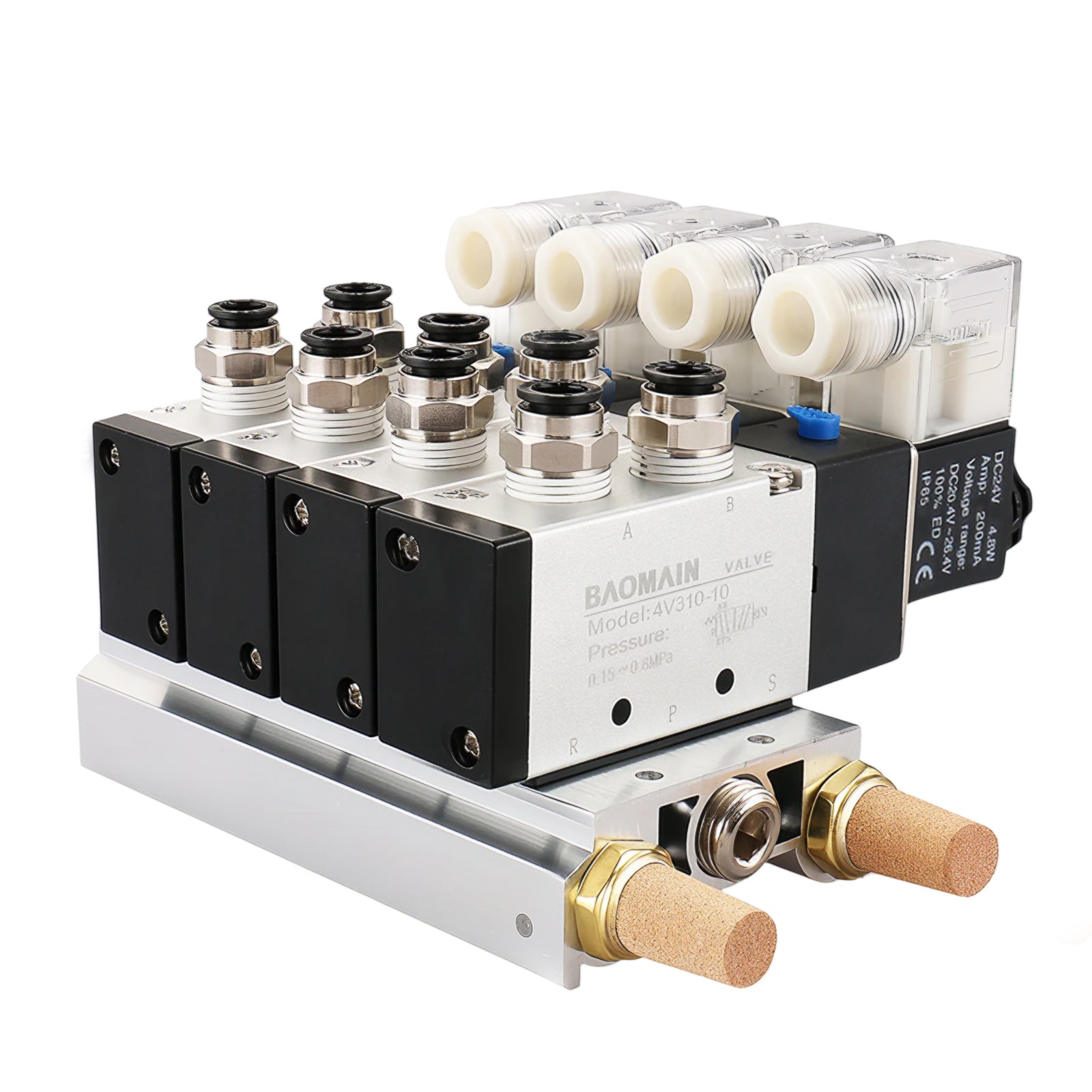 Baomain 4 Space Solenoid Valve 4V310-10 PT 3/8" 12V/24V/110V/220V 2 Position 5 way Base Muffler Quick Fittings Set