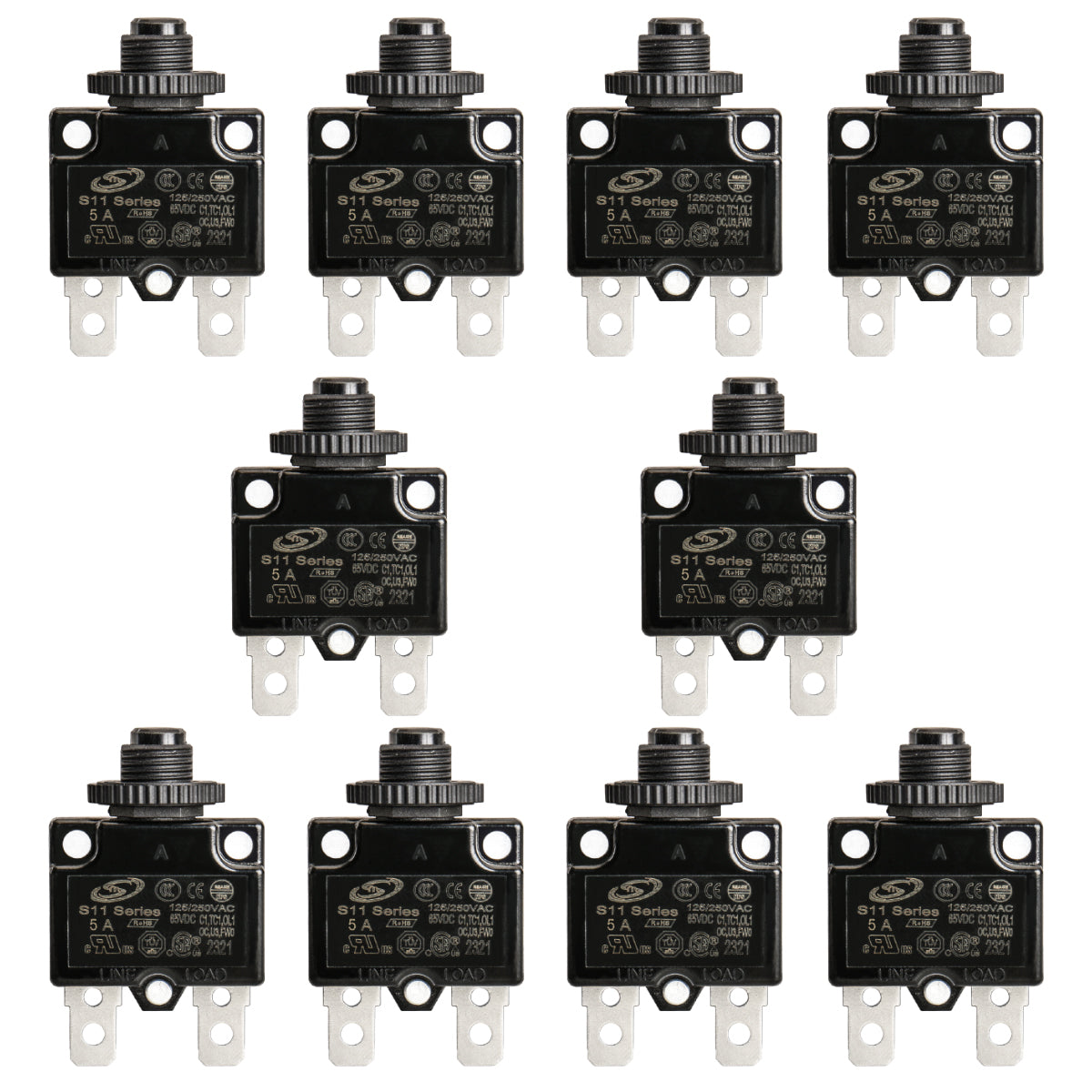 Baomain Circuit Breaker Thermal Overload Protector, S11 Series 125/250VAC/65VDC Straight Terminal, Manual Reset Thermal Circuit Breakers Black UL CE Listed 3A/4A/5A/6A/7A/8A/9A/10A/11A/12A/13A/14A/15A/16A/17A/18A/20A