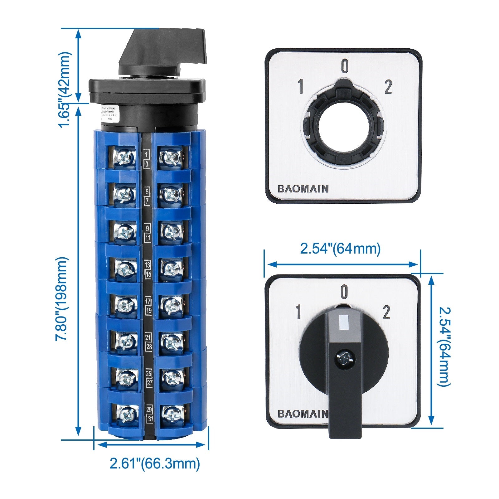 Baomain 63A Rotary Selector Cam Changeover Switch, SZW26-63/D808.8 AC 660V 3 Positions 8 Phase 32 Terminals Cam Switch