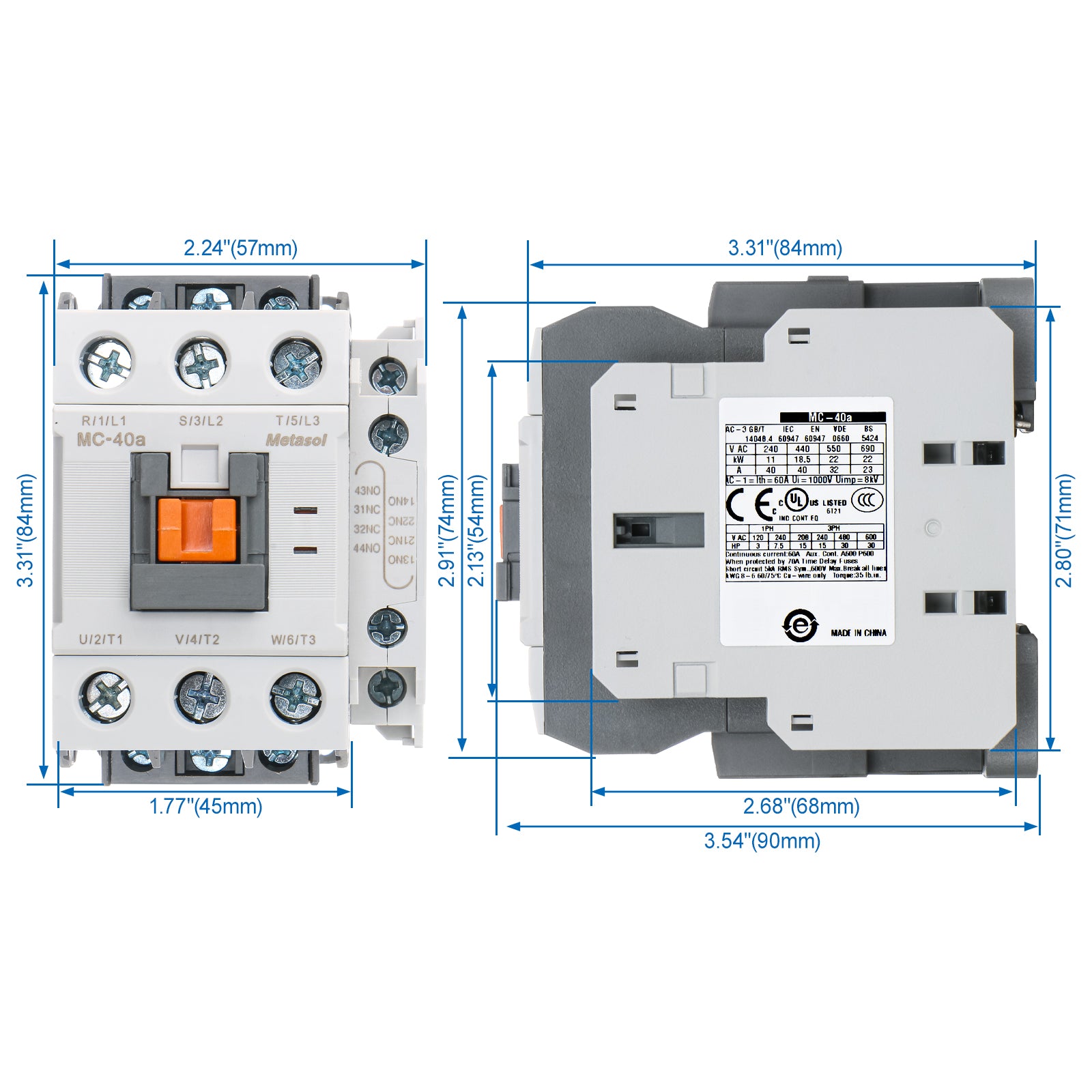 MEC Magnetic Contactor MC-40A 110VAC 40Amp 50/60Hz 35mm DIN Rail UL ...