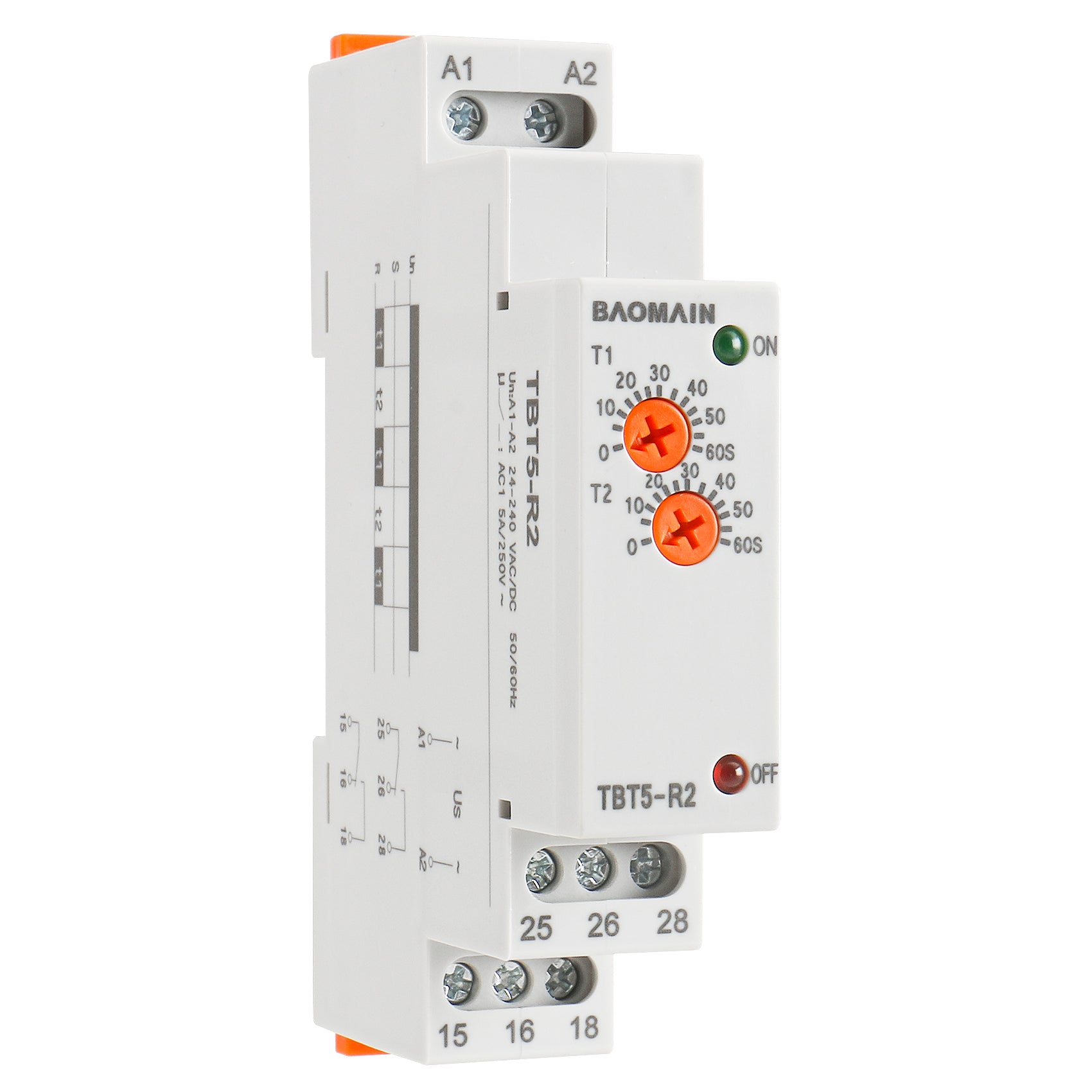 Baomain Asymmetric Cycler Time Relay, 5A 24V-240VAC/DC SPDT, Repeat Cycle Time Relay, On-Delay for Industrial Equipment, Lighting Control, Heating Control TBT5-R2