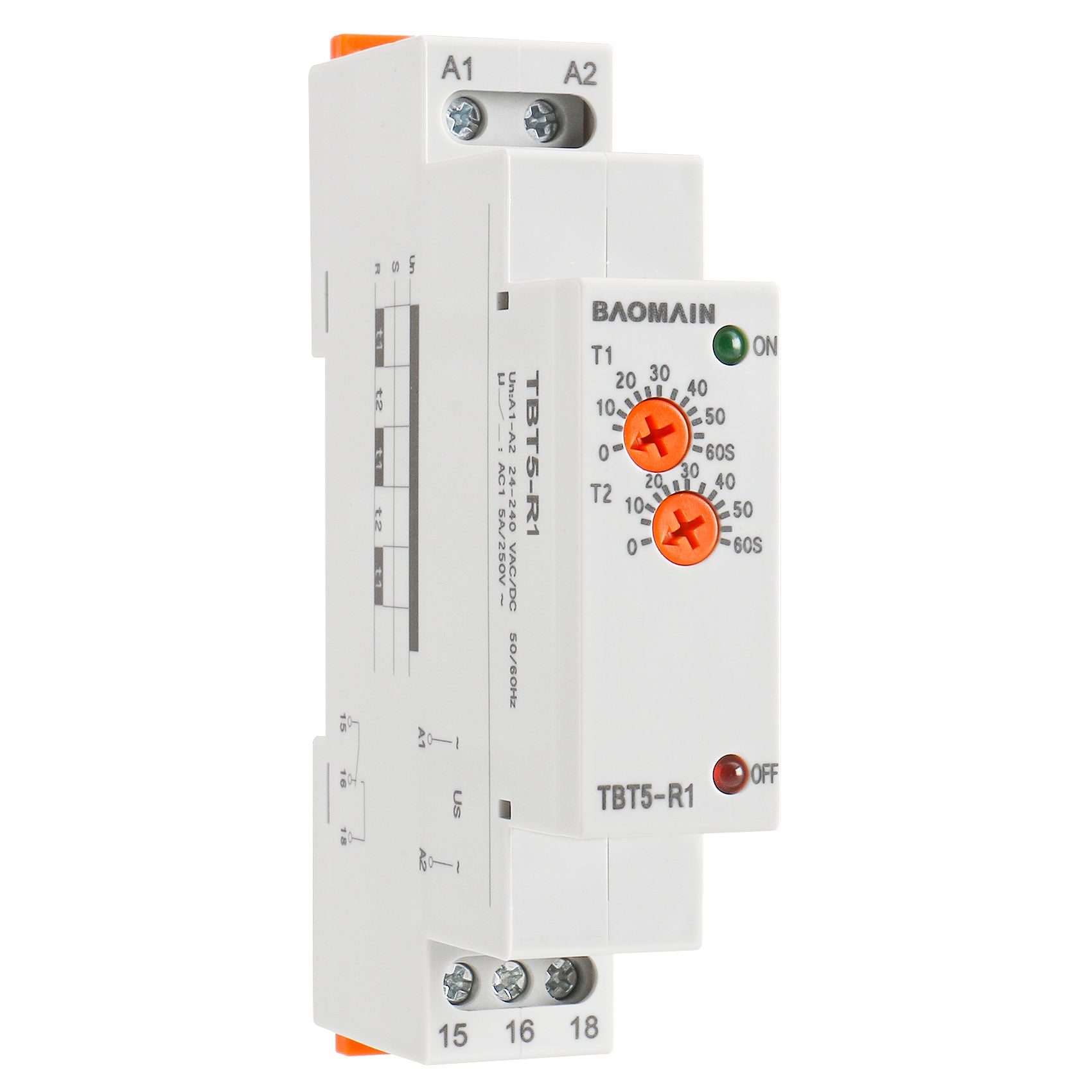 Baomain Asymmetric Cycler Time Relay, 5A 24V-240VAC/DC SPDT, Repeat Cycle Time Relay, On-Delay for Industrial Equipment, Lighting Control, Heating Control TBT5-R1