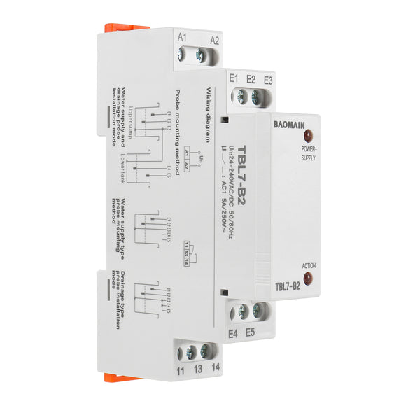 Baomain Liquid Timer Control Relay, 5A AC/DC24-240V 1 SPDT, DIN Rail Mounting Three Electrode Water Level Controller TBL7-B2