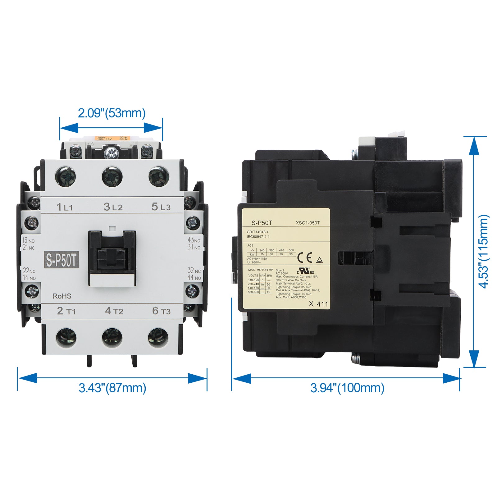 Baomain Magnetic Contactor S-P50T Coil 110VAC 50-60Hz, UL RoHs CE TÜV