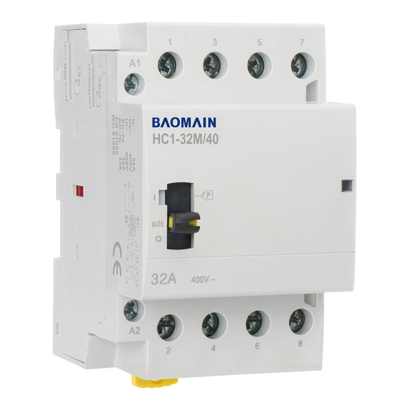 Baomain Manual Household AC Contactor HC1-32M 24V/110V/220VAC 32A 4 Pole 50/60Hz Modular Contactor Circuit Control 35mm DIN Rail
