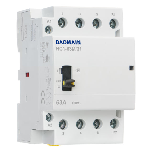 Baomain Manual Household AC Contactor HC1-63M 24V/110V/220VAC 63A 4 Pole 50/60Hz Modular Contactor Circuit Control 35mm DIN Rail