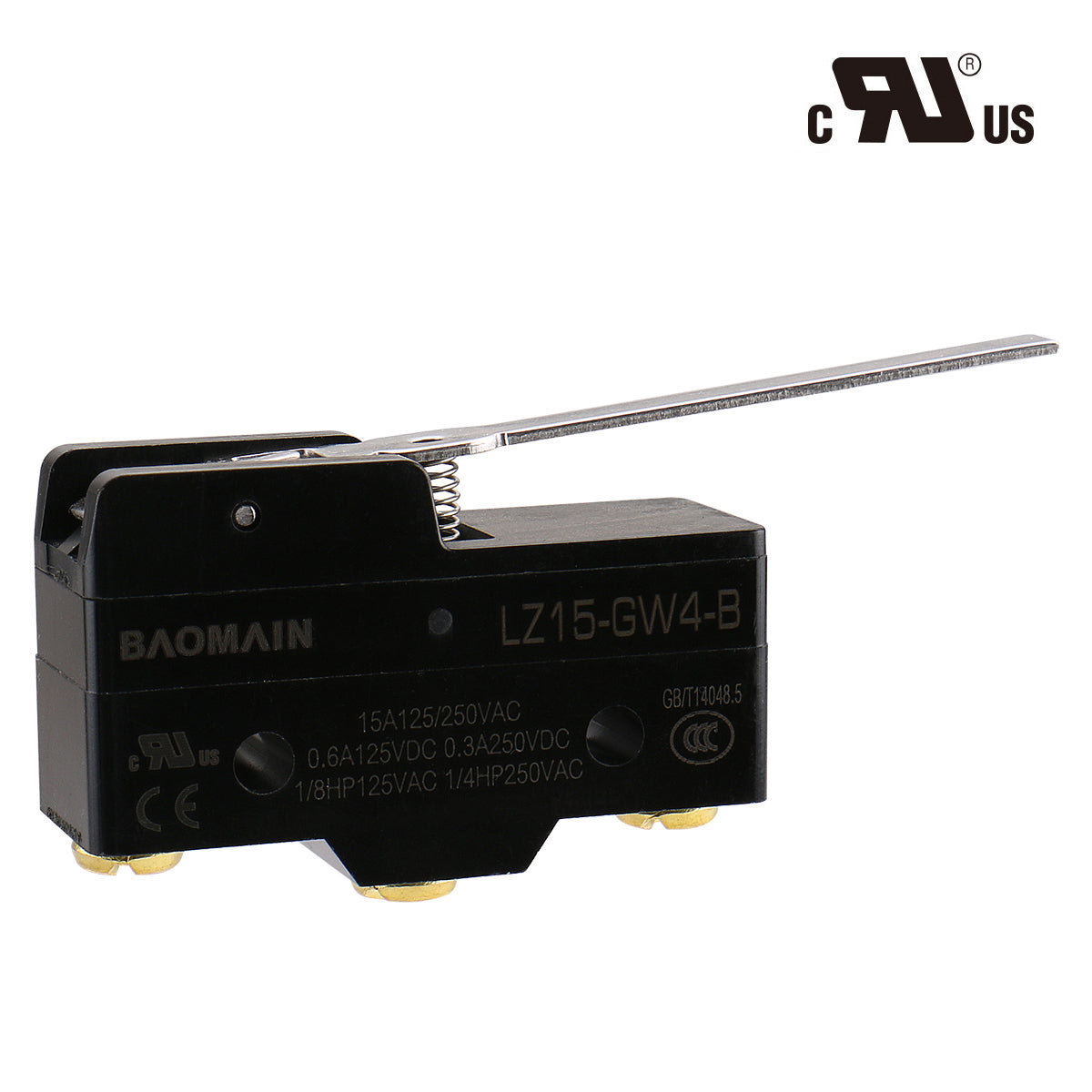 Baomain Micro Switch Long Hinge Lever 15A 250VAC SPDT 1NO 1NC Z15-GW4-B(LZ15-GW4-B) Momentary Micro Push Button Switch UL CE Listed