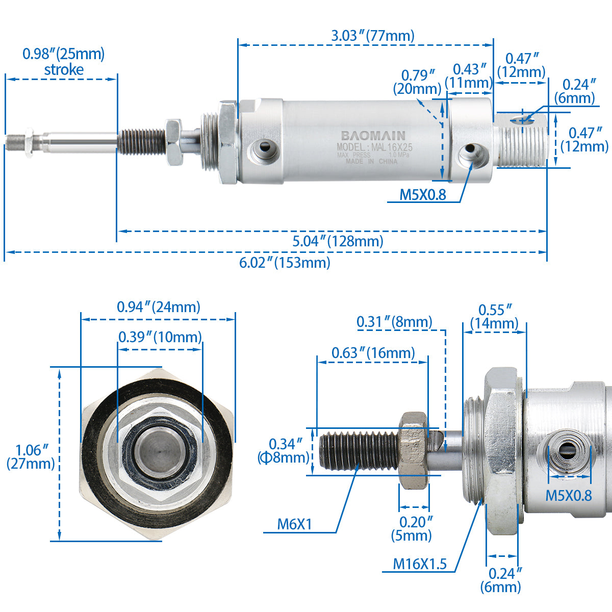 Baomain Mini Pneumatic Air Cylinder MAL 16 (0.63'') , Double-Acting, Single Rod, Aluminum Body for Industrial Automation