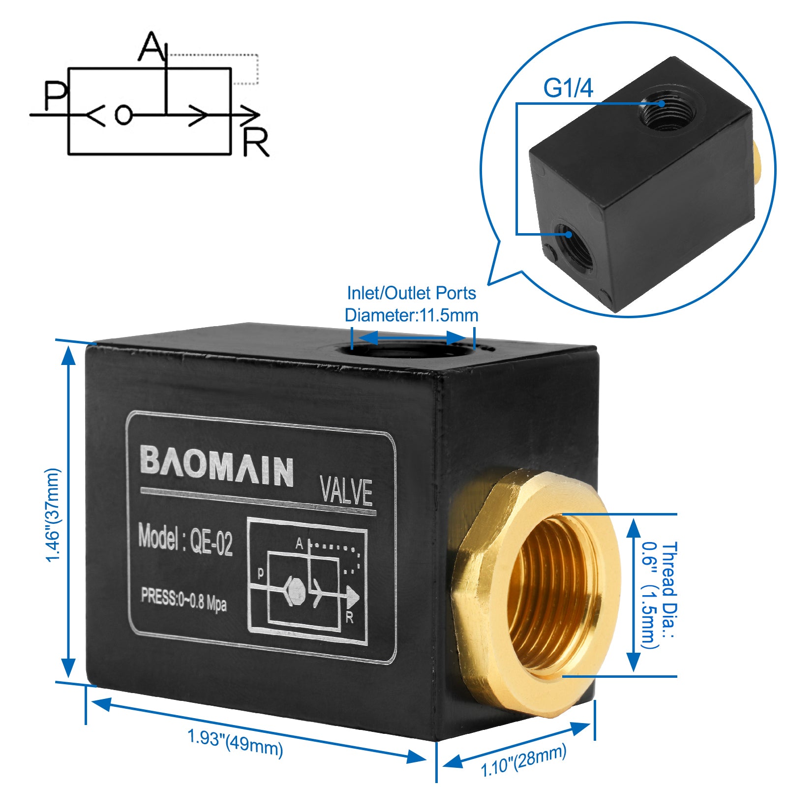 Baomain Pneumatic One Way Quick Exhaust Valve QE-02 1/4PT Inlet Port